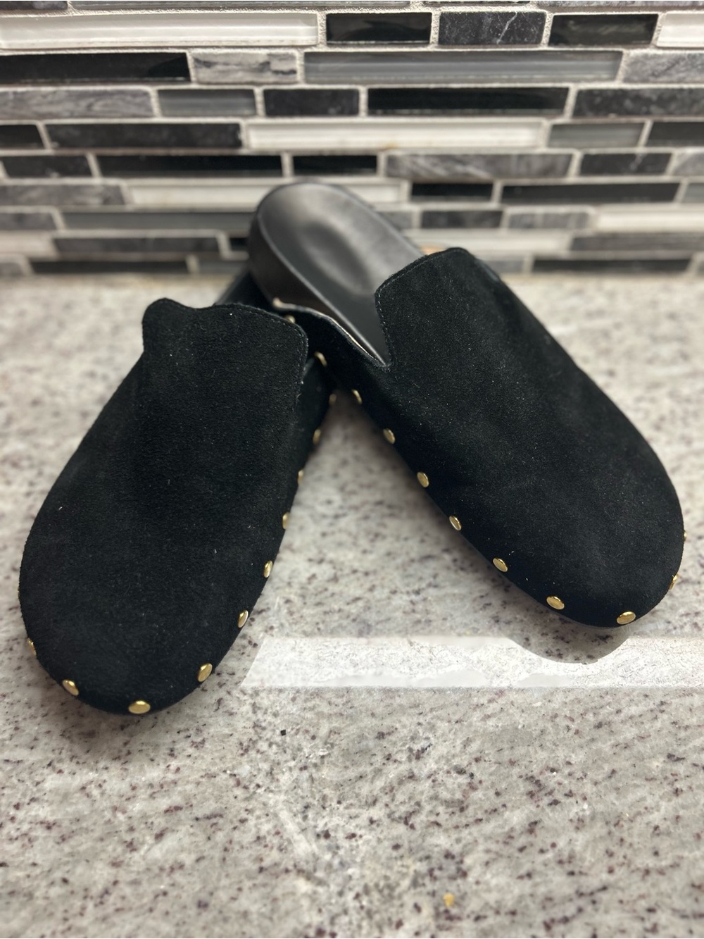 J Crew Black Suede Slip-On Studded Clog Mules size 9.5